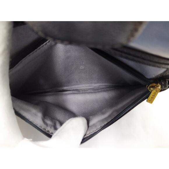 Fossil Black Pebbled Leather Zipper Closure Credit Card ID Window Bifold Wallet - Picture 9 of 15